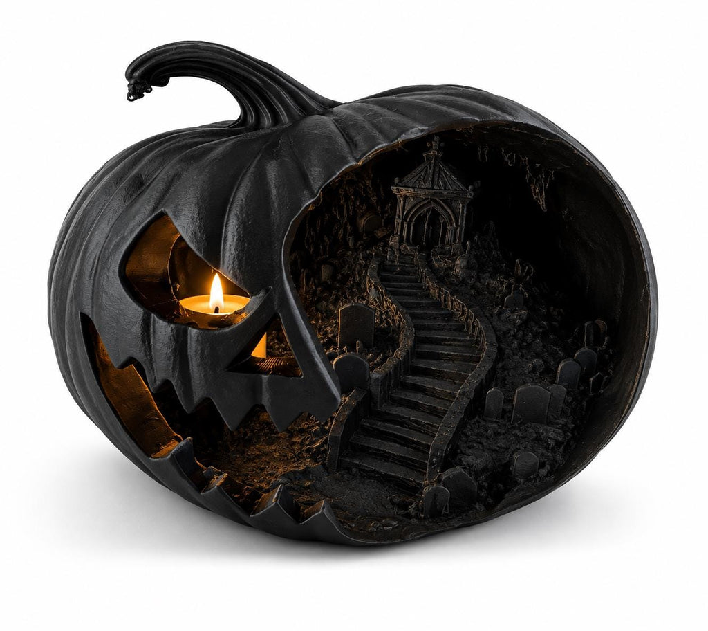 Haunted Pumpkin Lantern, Gothic Cemetery Scene, Spooky Halloween Decor (8 Inch) — photo 5
