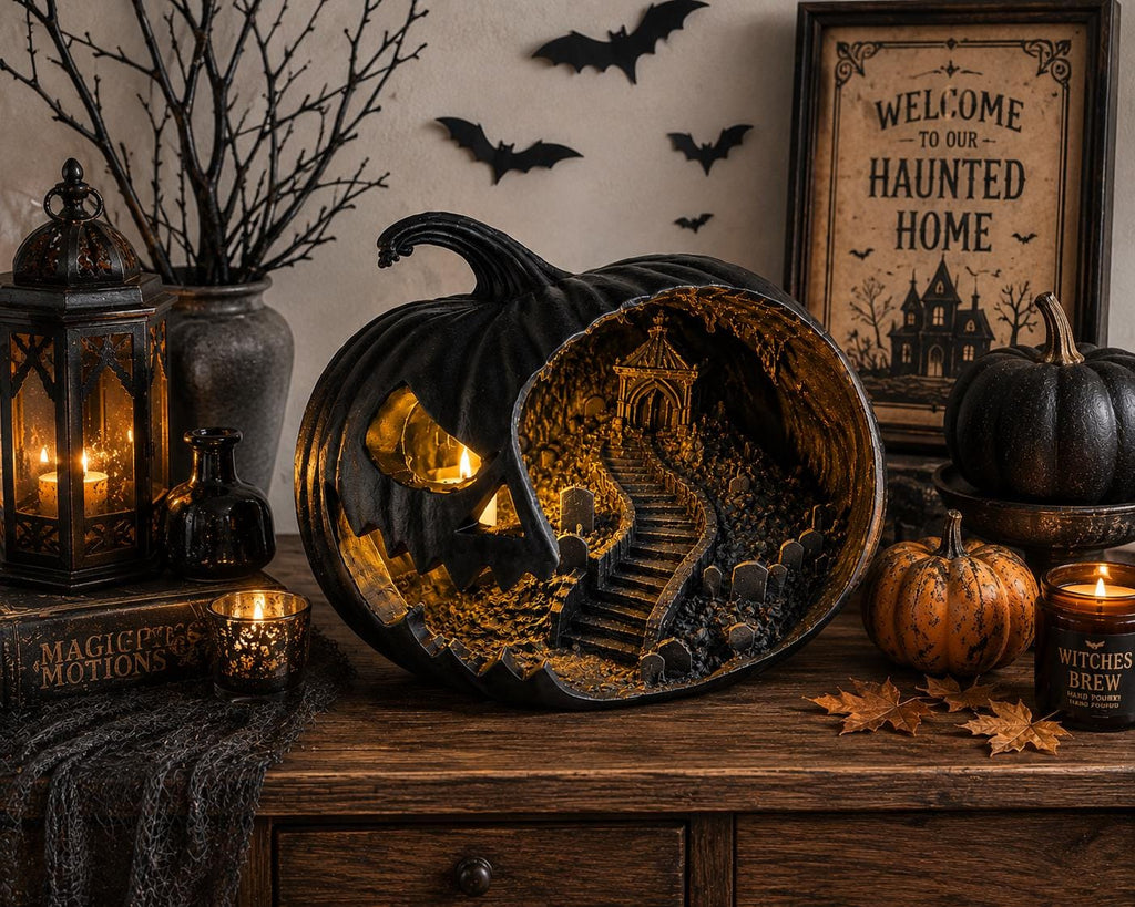 Haunted Pumpkin Lantern, Gothic Cemetery Scene, Spooky Halloween Decor (8 Inch) — photo 2