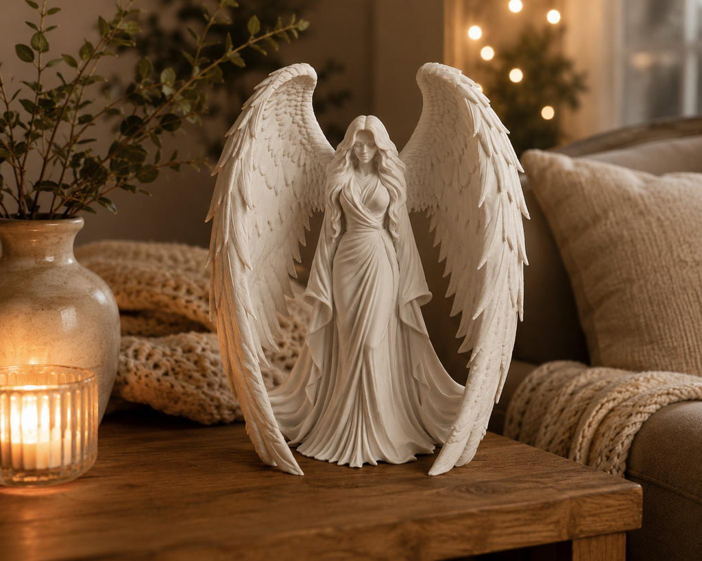 White Guardian Angel Statue, Large Celestial Sculpture, Detailed Wings, Spiritual Home Decor