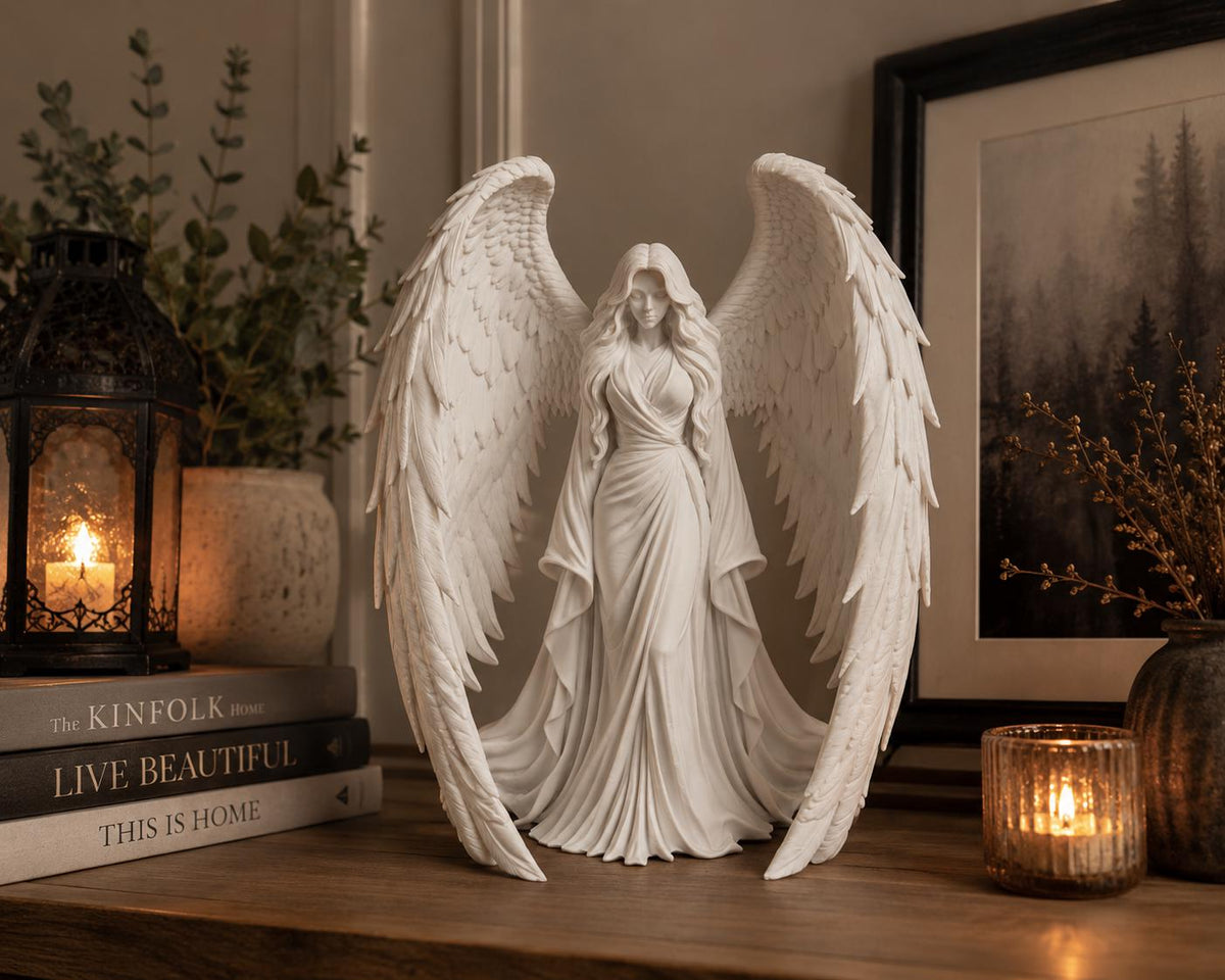 White Guardian Angel Statue, Large Celestial Sculpture, Detailed Wings, Spiritual Home Decor — photo 3