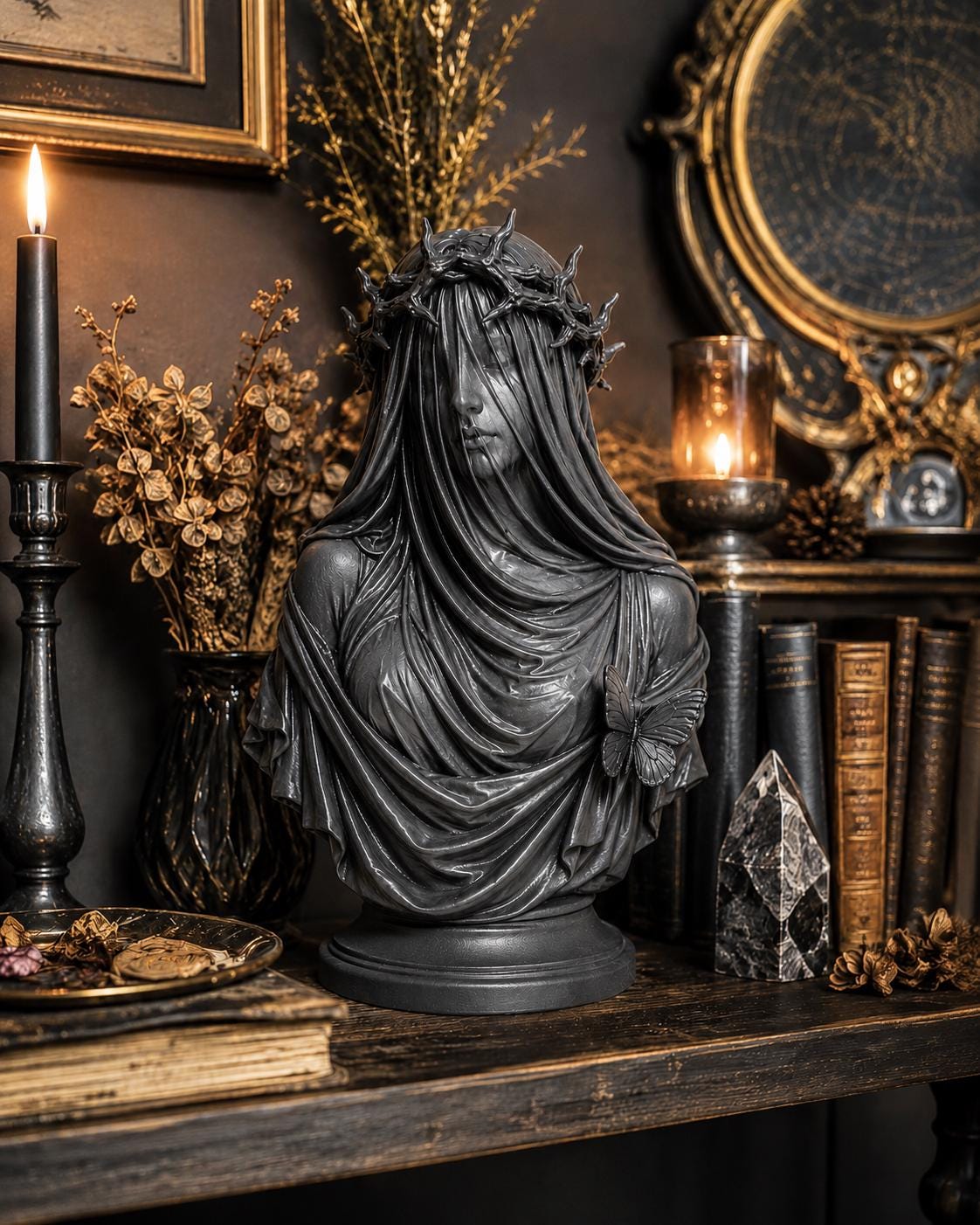 Gothic Veiled Lady Bust, Dark Academia Decor, Veiled Woman Sculpture — photo 2