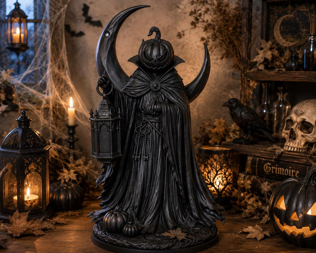 Gothic Pumpkin Reaper Statue, Crescent Moon Lantern, Halloween Altar Decor