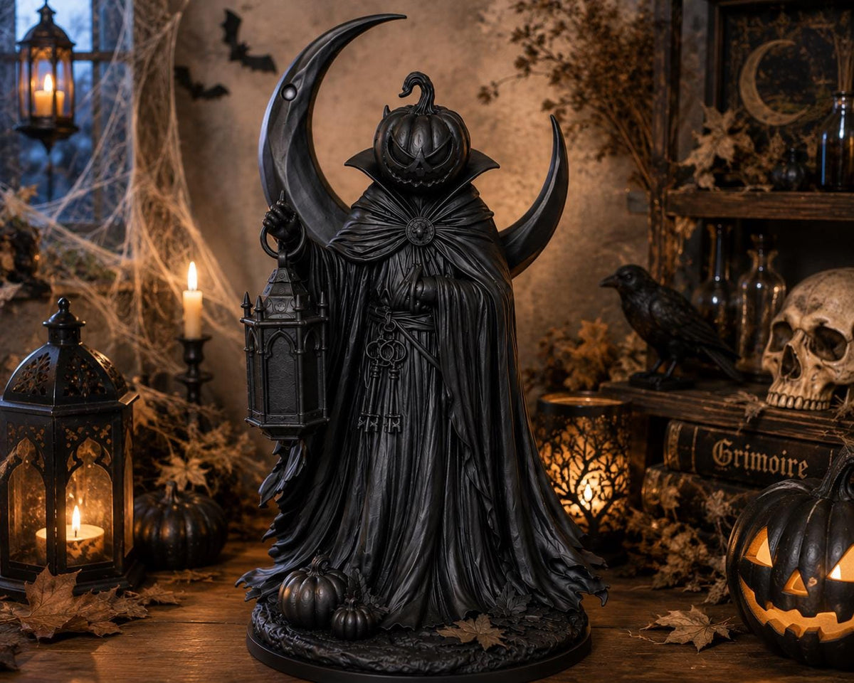 Gothic Pumpkin Reaper Statue, Crescent Moon Lantern, Halloween Altar Decor