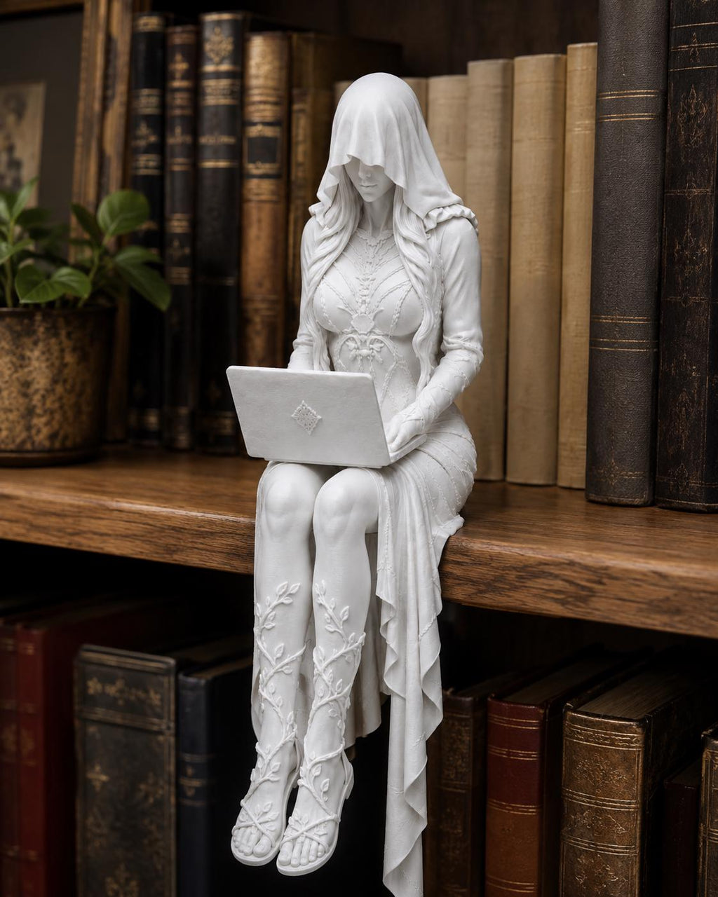 Gothic Shelf Sitter Statue, Hooded Woman with Laptop, Dark Academia Bookshelf Decor — photo 2