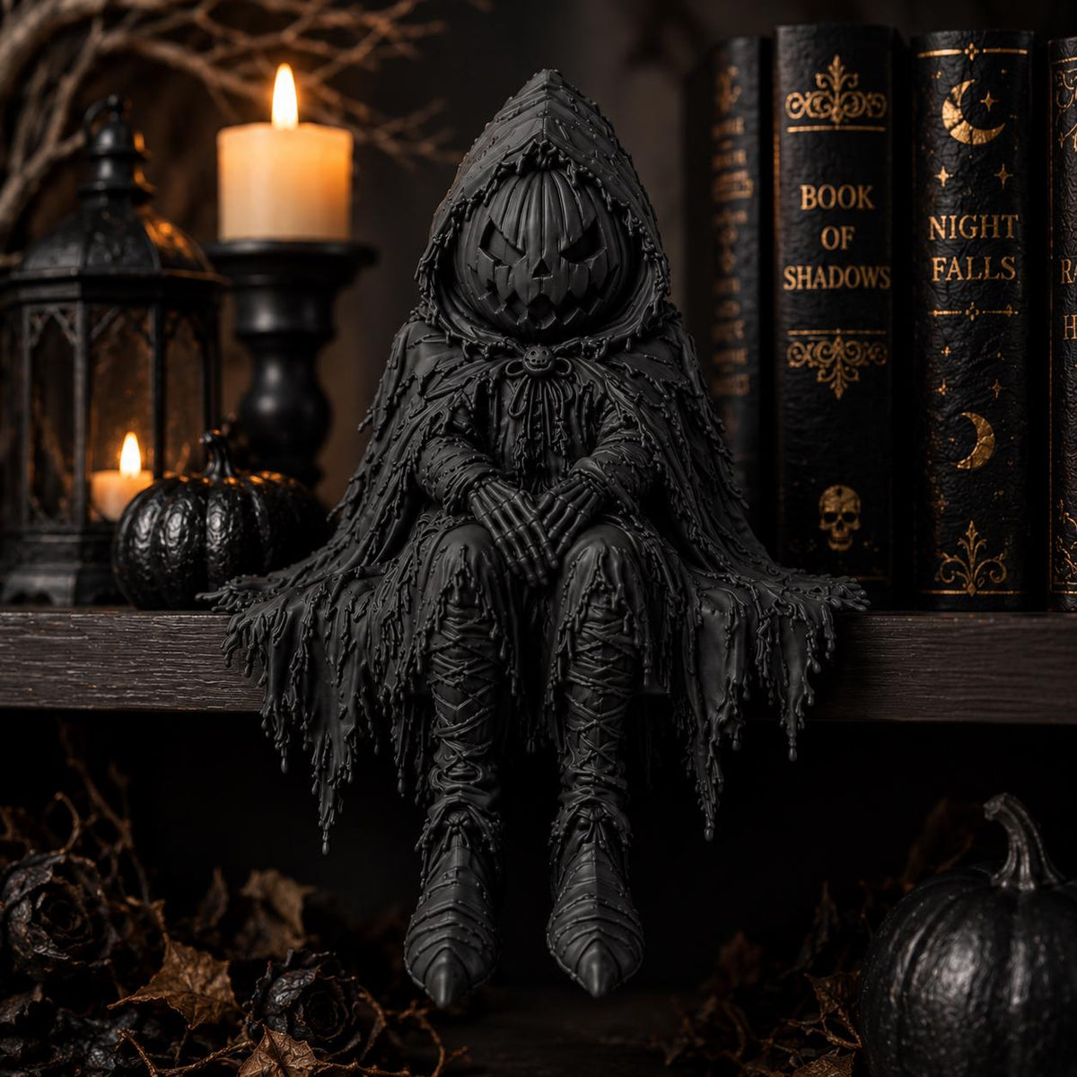 Jack O’ Lantern Shelf Sitter: Gothic Pumpkin Guardian, Spooky Halloween Bookshelf Decor