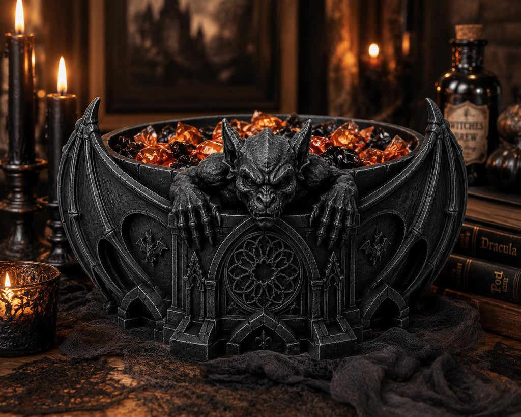 Black Gargoyle Candy Bowl, 8-Inch Gothic Cathedral Halloween Decor