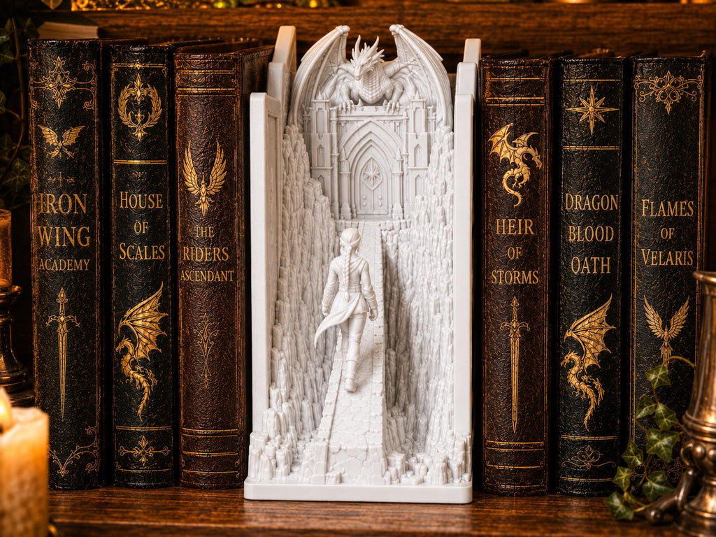 Dragon Rider Book Nook, Gothic Academy Scene, Fantasy Shelf Decor