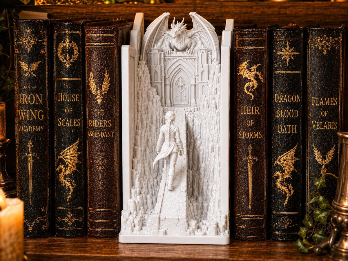 Dragon Rider Book Nook, Gothic Academy Scene, Fantasy Shelf Decor
