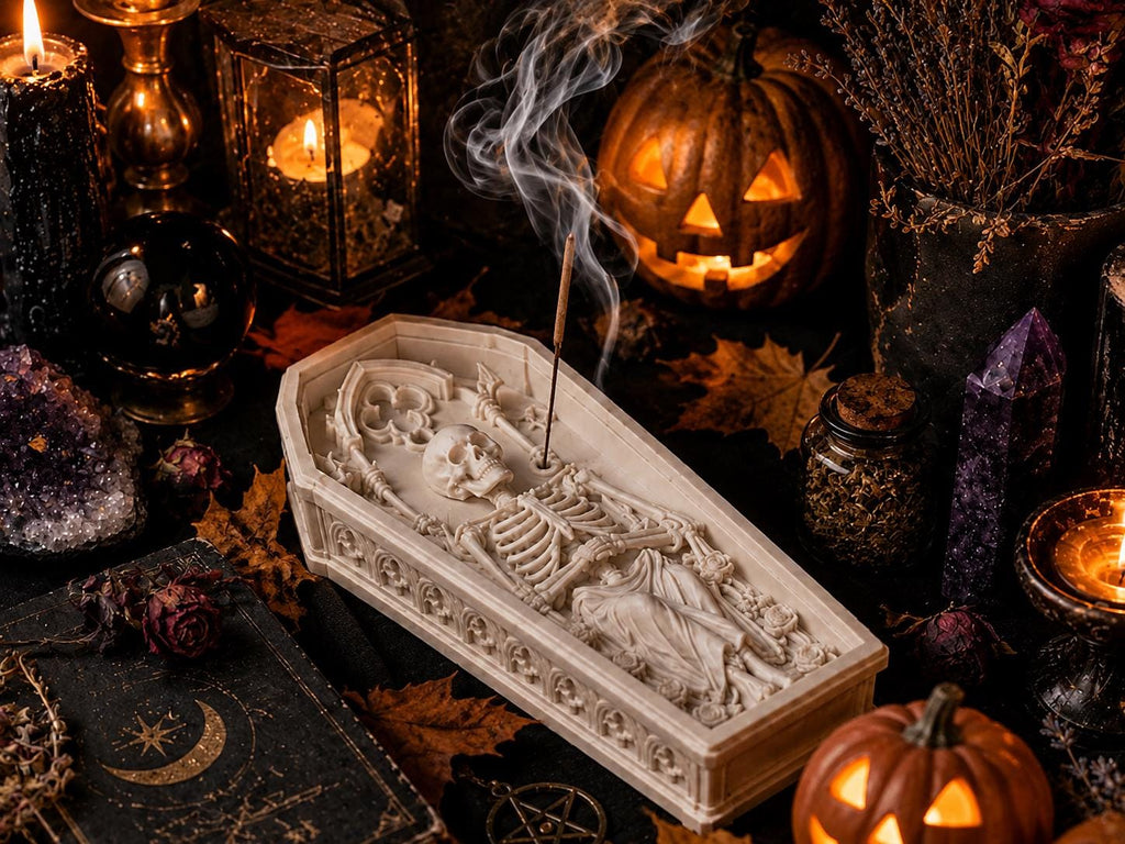 Halloween Skeleton Coffin Incense Holder, Gothic Spooky Altar Decor