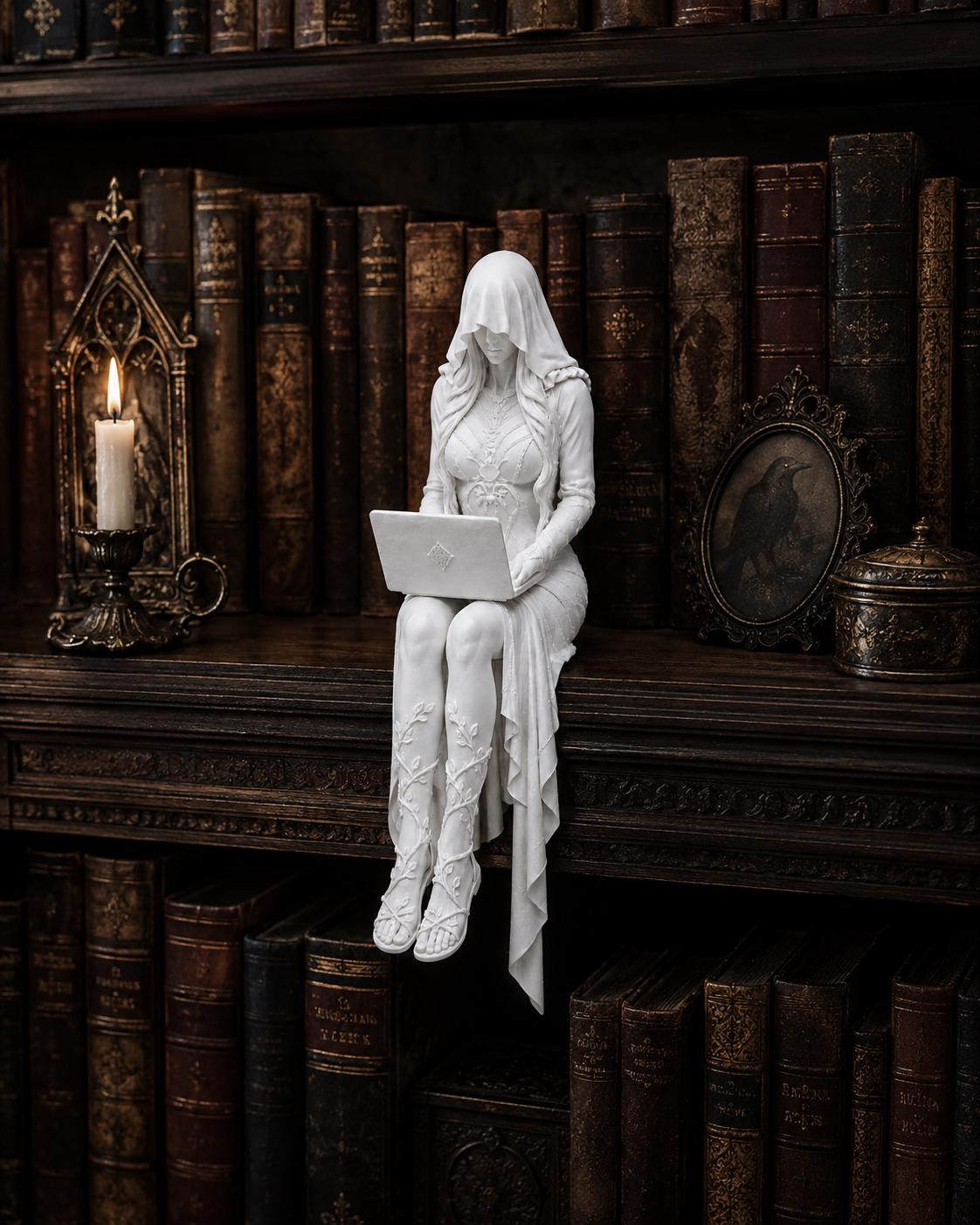 Gothic Shelf Sitter Statue, Hooded Woman with Laptop, Dark Academia Bookshelf Decor