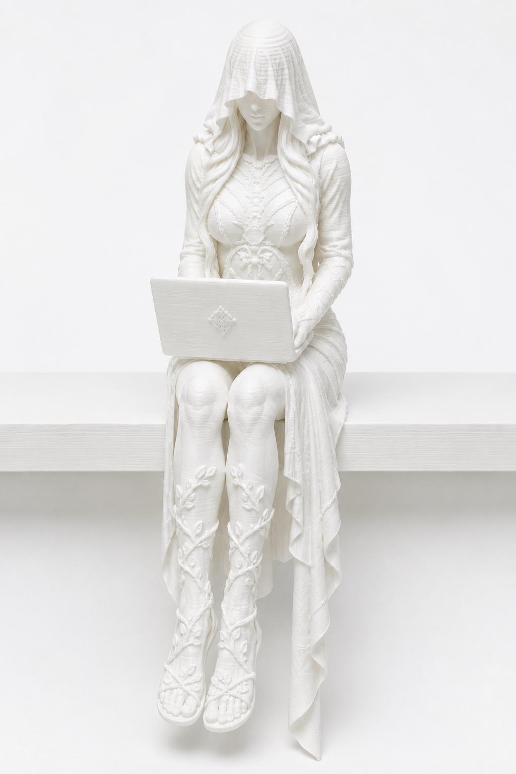 Gothic Shelf Sitter Statue, Hooded Woman with Laptop, Dark Academia Bookshelf Decor — photo 4
