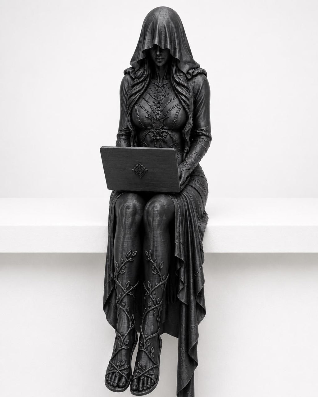 Gothic Shelf Sitter Statue, Hooded Woman with Laptop, Dark Academia Bookshelf Decor — photo 3
