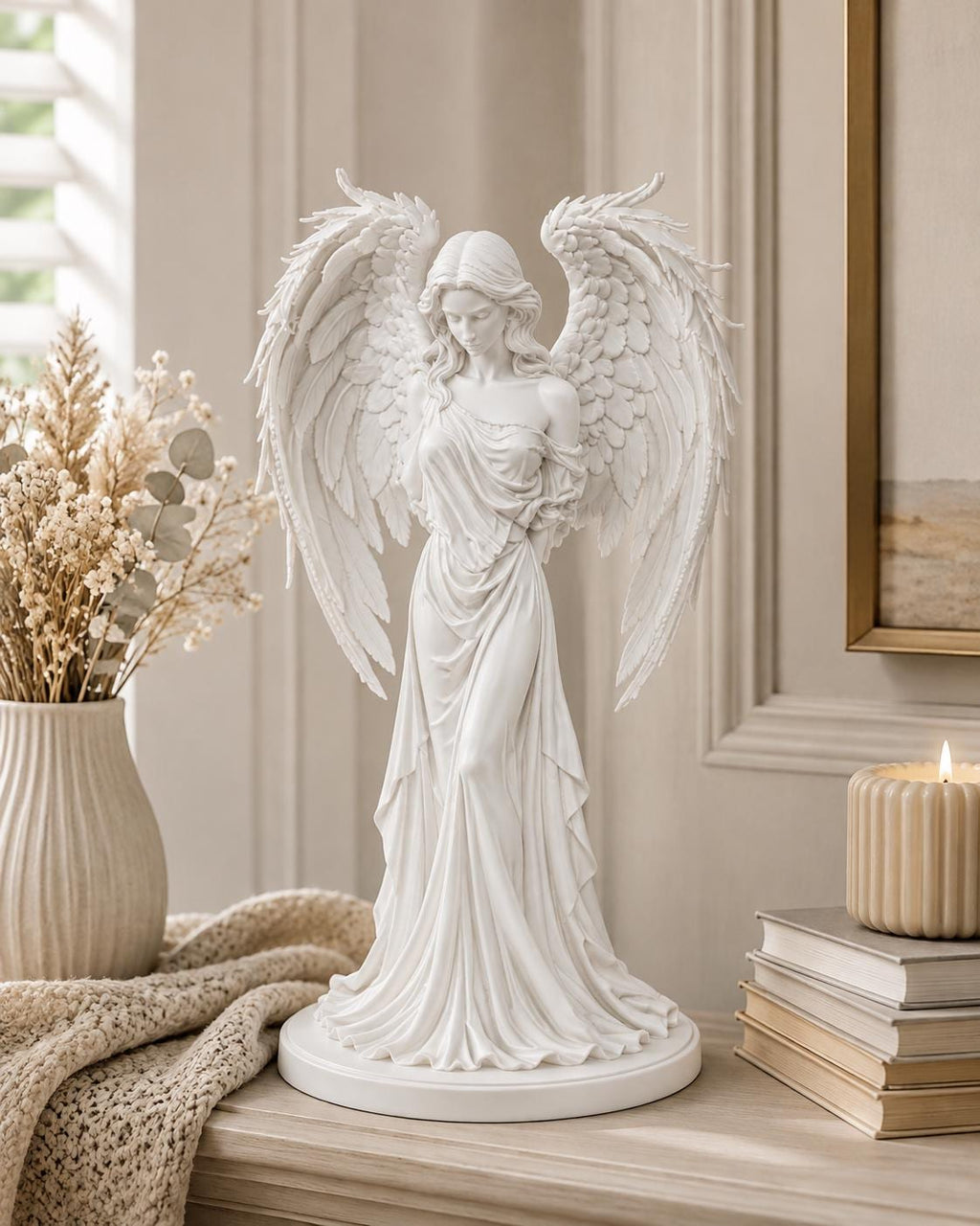 Mourning Angel Statue, White Winged Memorial Sculpture, Gothic Spiritual Decor