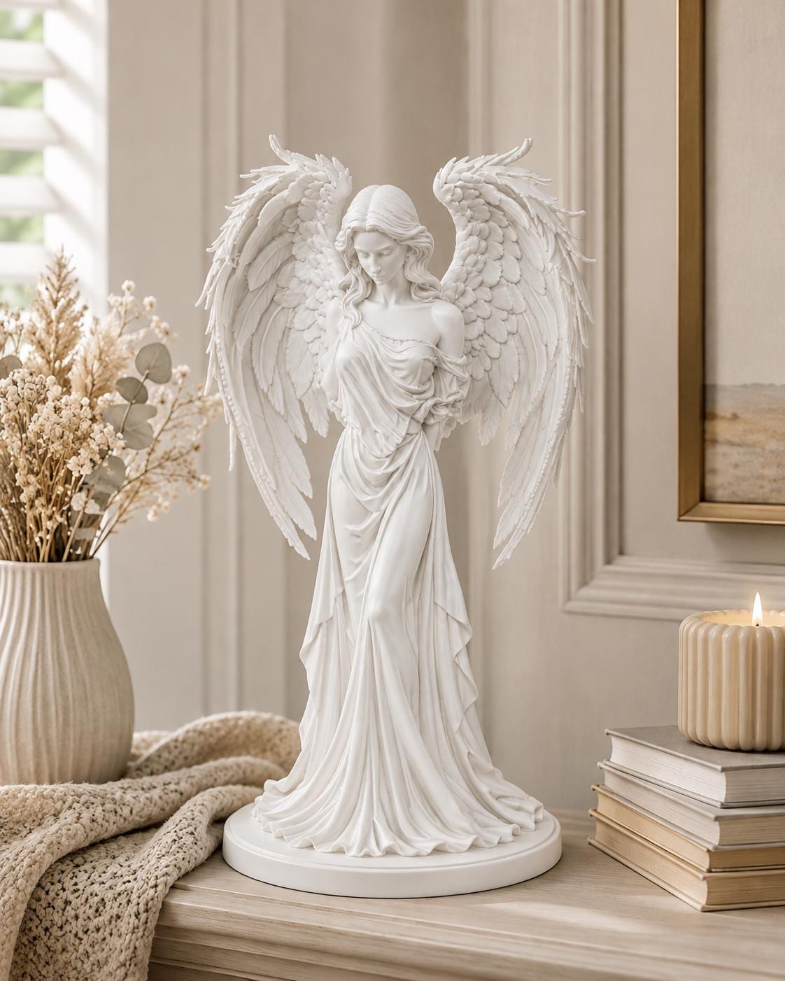 Mourning Angel Statue, White Winged Memorial Sculpture, Gothic Spiritual Decor