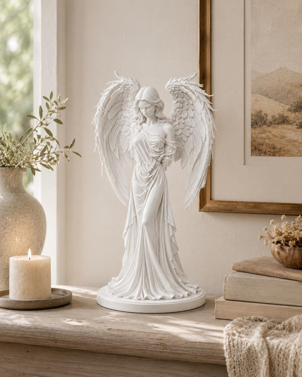 Mourning Angel Statue, White Winged Memorial Sculpture, Gothic Spiritual Decor — photo 2