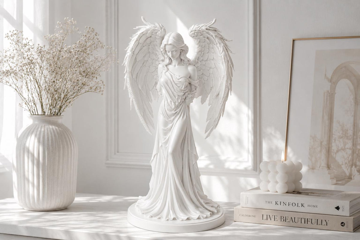 Mourning Angel Statue, White Winged Memorial Sculpture, Gothic Spiritual Decor — photo 3