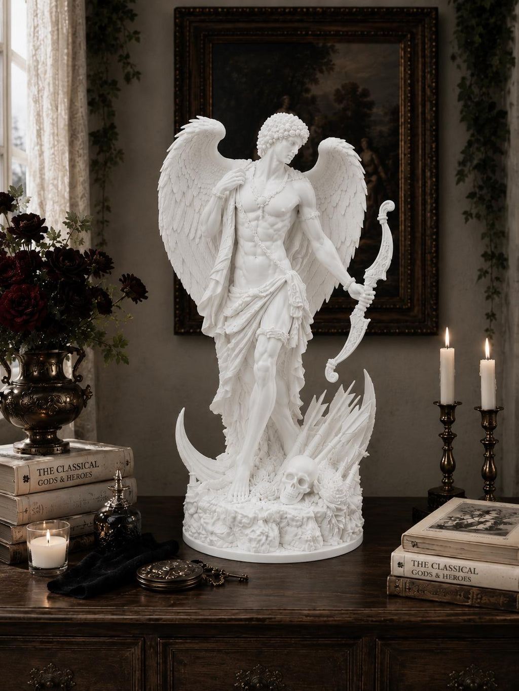 Eros Statue, Winged Archer Sculpture, Greek Mythology Altar Decor, Gothic Celestial Home