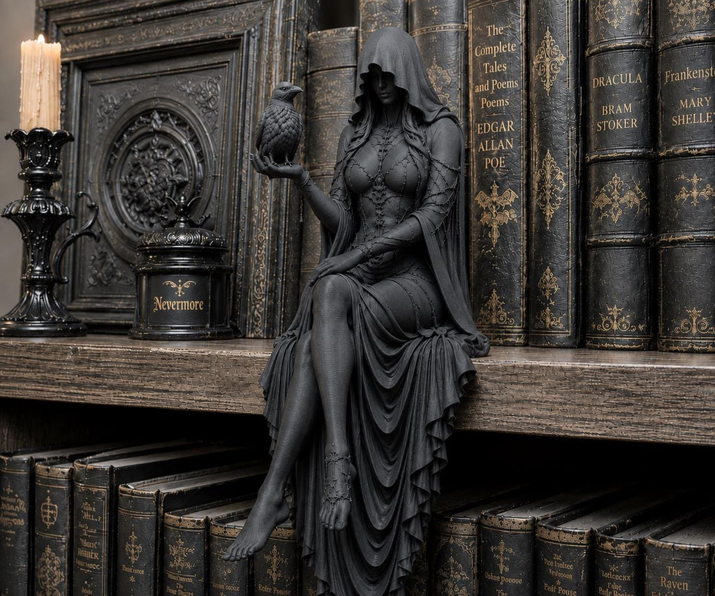 Gothic Raven Shelf Sitter – Dark Feminine Bookshelf Statue