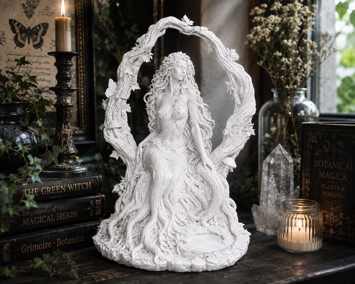 Dryad Forest Goddess Statue, Woodland Tree Spirit Sculpture for Pagan Altar & Gothic Decor