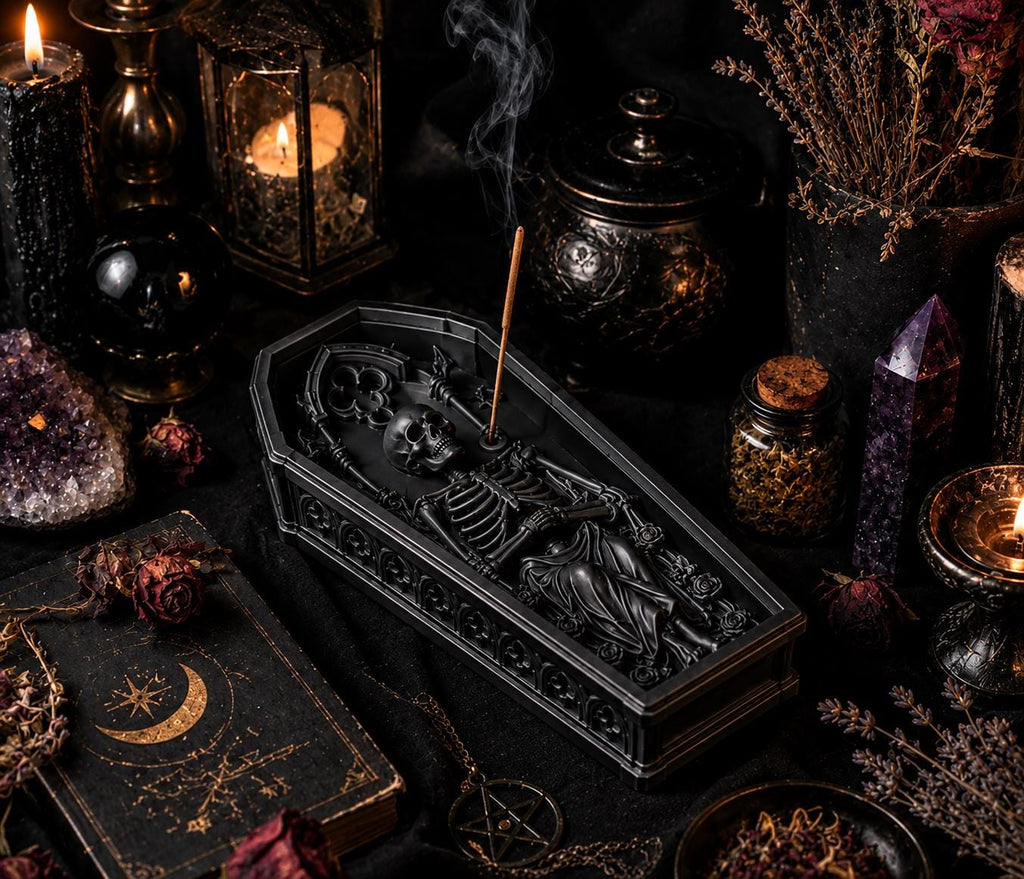 Halloween Skeleton Coffin Incense Holder, Gothic Spooky Altar Decor — photo 2