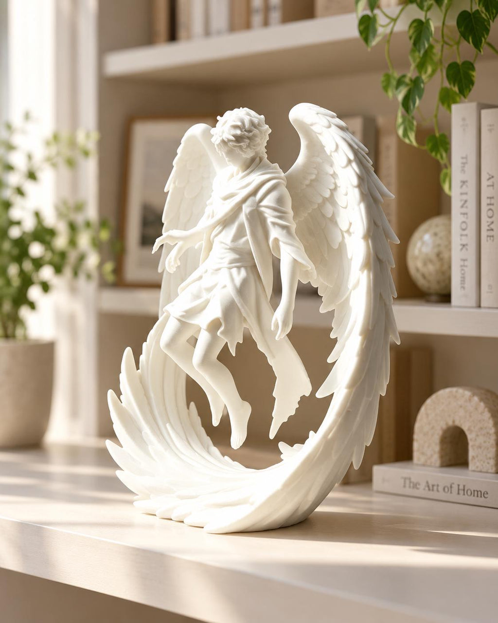 Guardian Angel Sculpture: Male Winged Statue for Celestial Gothic Shelf Decor
