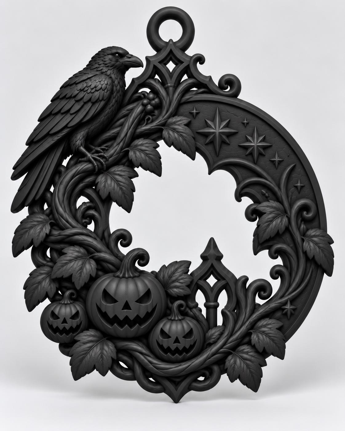 Gothic Raven Halloween Door Hanger, Black Pumpkin Crescent Moon Wreath — photo 6