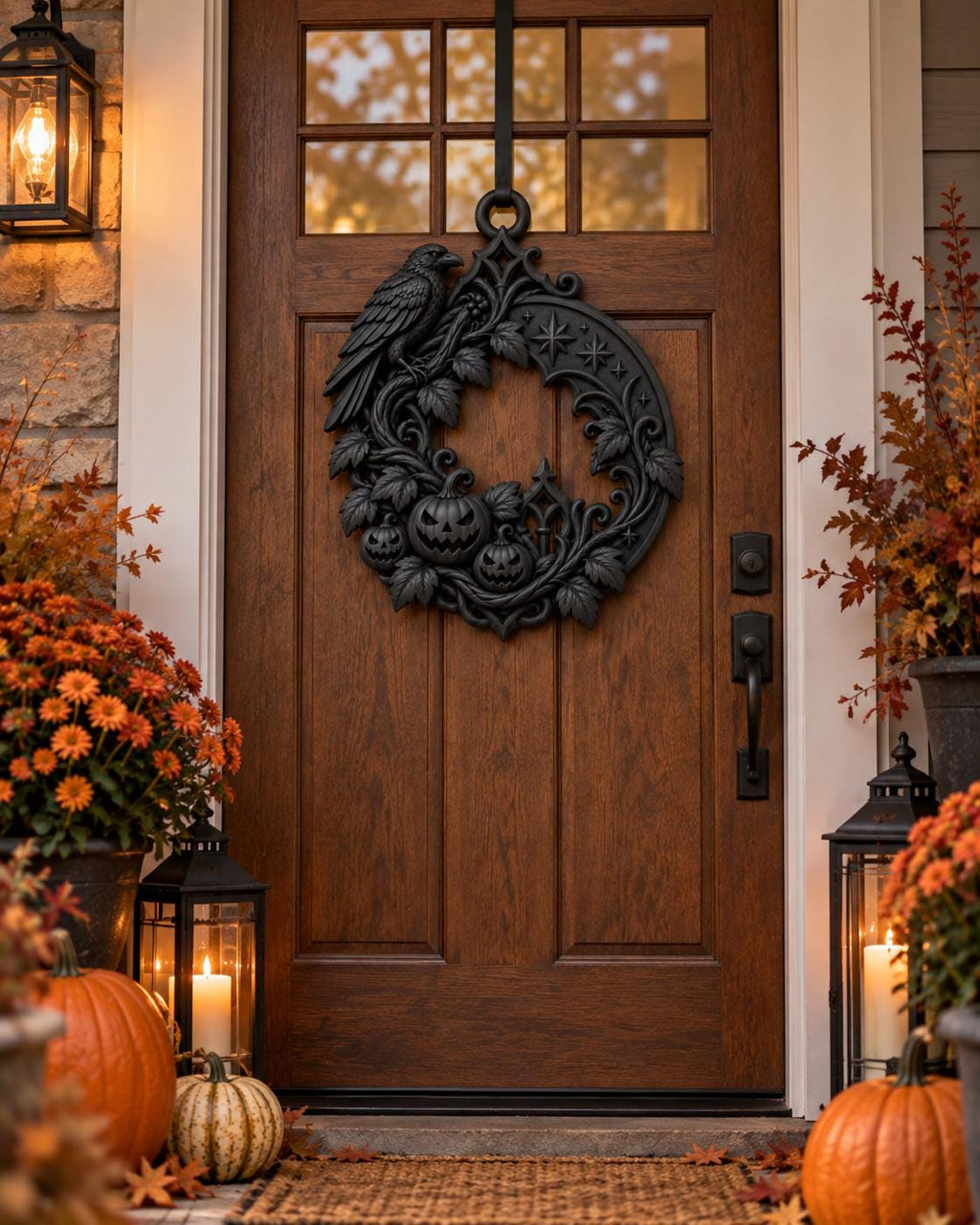 Gothic Raven Halloween Door Hanger, Black Pumpkin Crescent Moon Wreath — photo 3