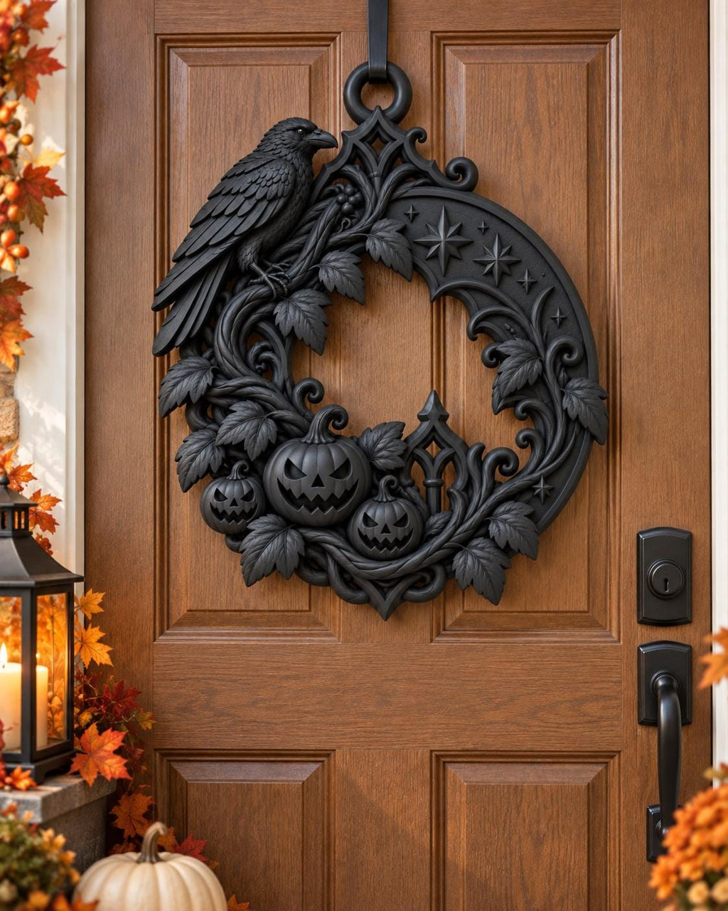Gothic Raven Halloween Door Hanger, Black Pumpkin Crescent Moon Wreath — photo 2