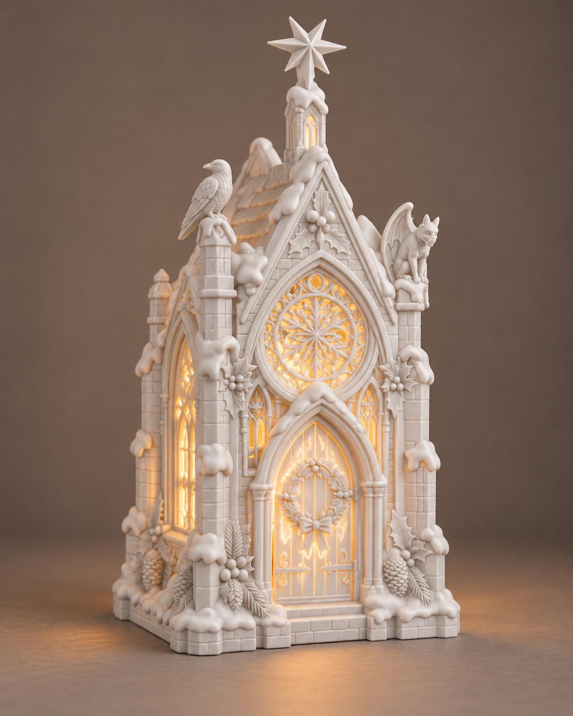 Gothic Christmas Church Lantern, Snowy Village Chapel, LED Tealight Holder — photo 3