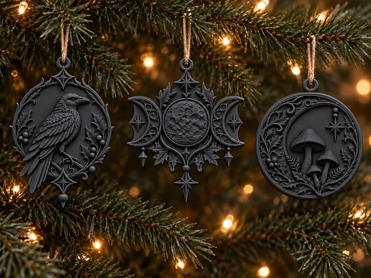 Yule Ornaments – Raven, Triple Moon and Mushroom Christmas Decor — photo 4