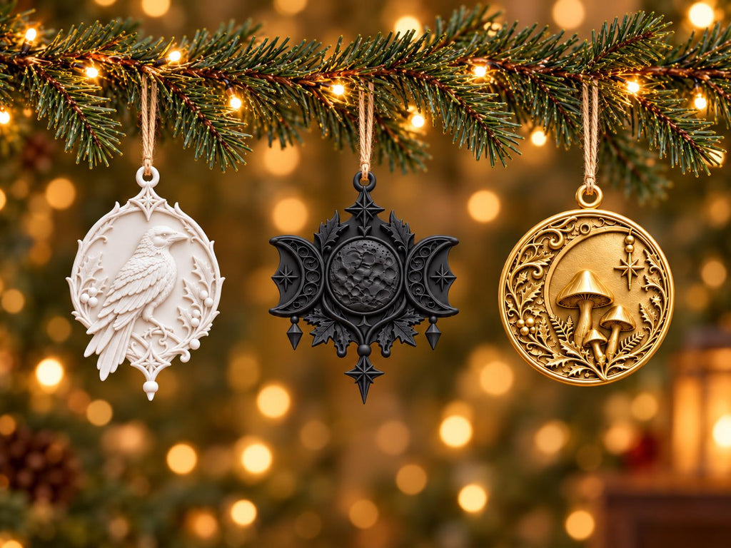 Yule Ornaments – Raven, Triple Moon and Mushroom Christmas Decor