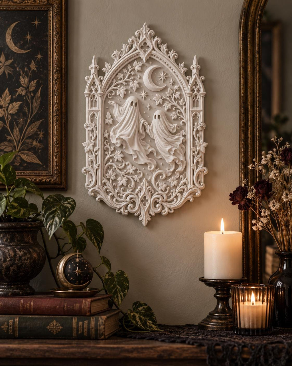 Dancing Ghosts Wall Plaque, Victorian Gothic Decor, Crescent Moon Celestial Wall Art
