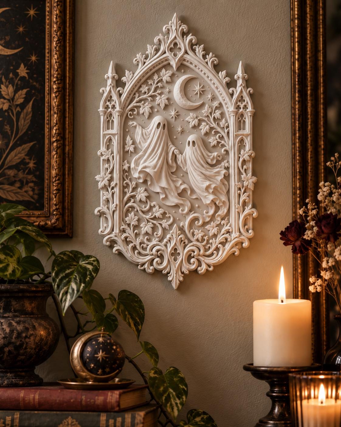 Dancing Ghosts Wall Plaque, Victorian Gothic Decor, Crescent Moon Celestial Wall Art — photo 2