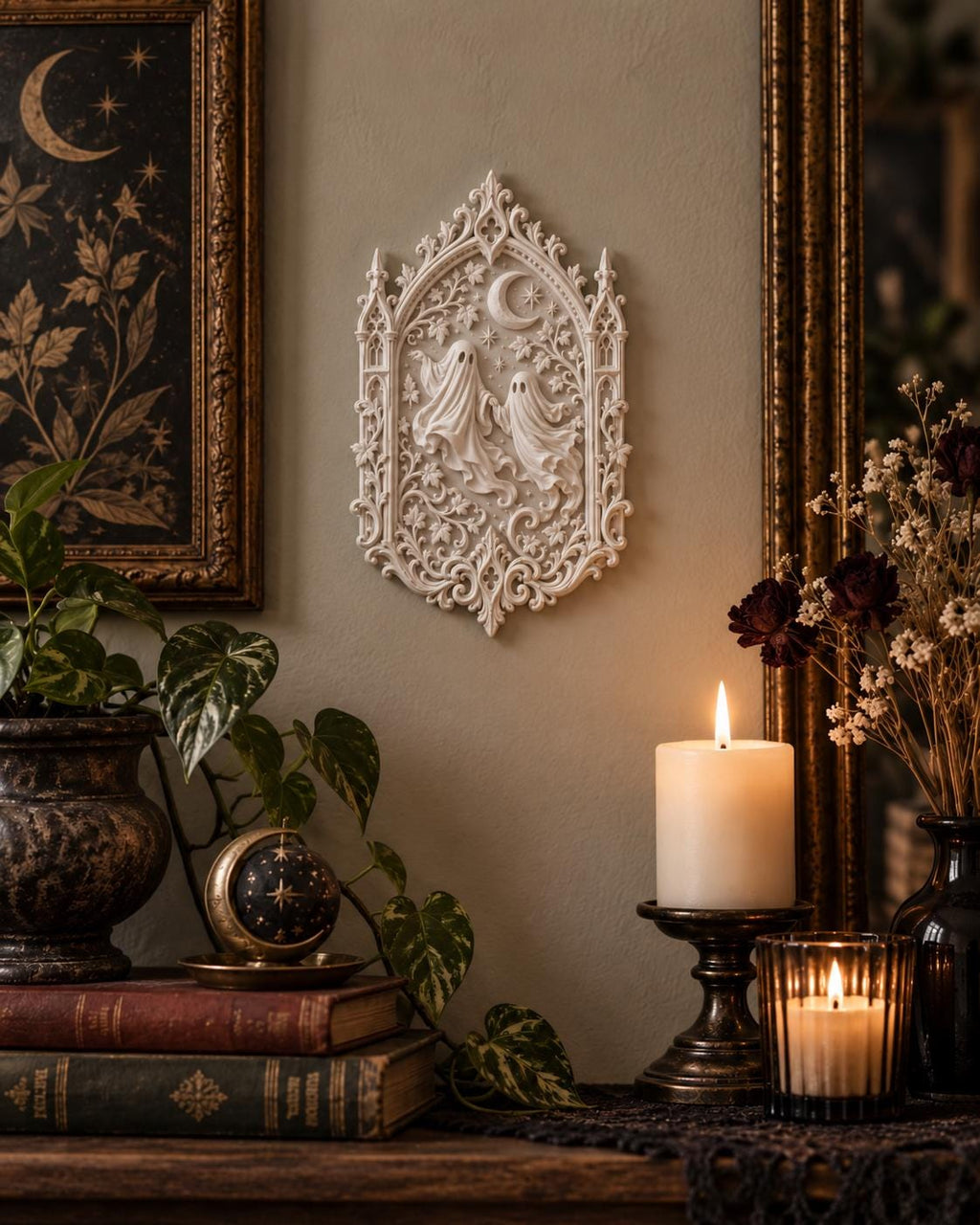 Dancing Ghosts Wall Plaque, Victorian Gothic Decor, Crescent Moon Celestial Wall Art — photo 3