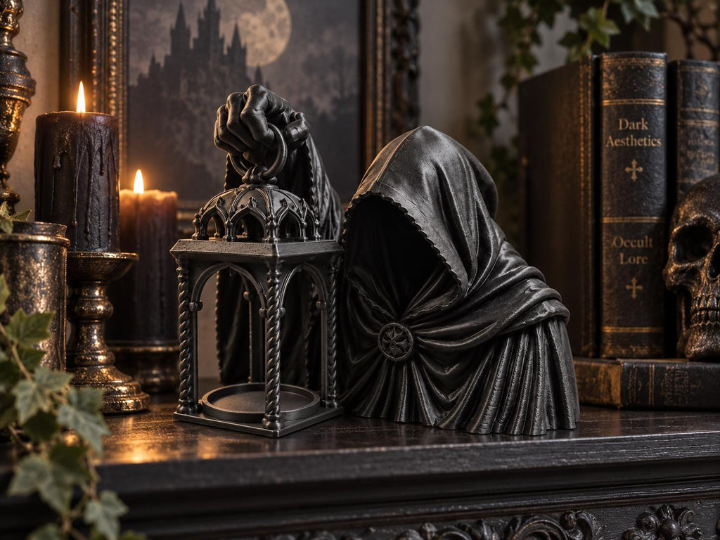 Gothic Hooded Reaper LED Tealight Holder, Black Lantern Halloween Decor — photo 2