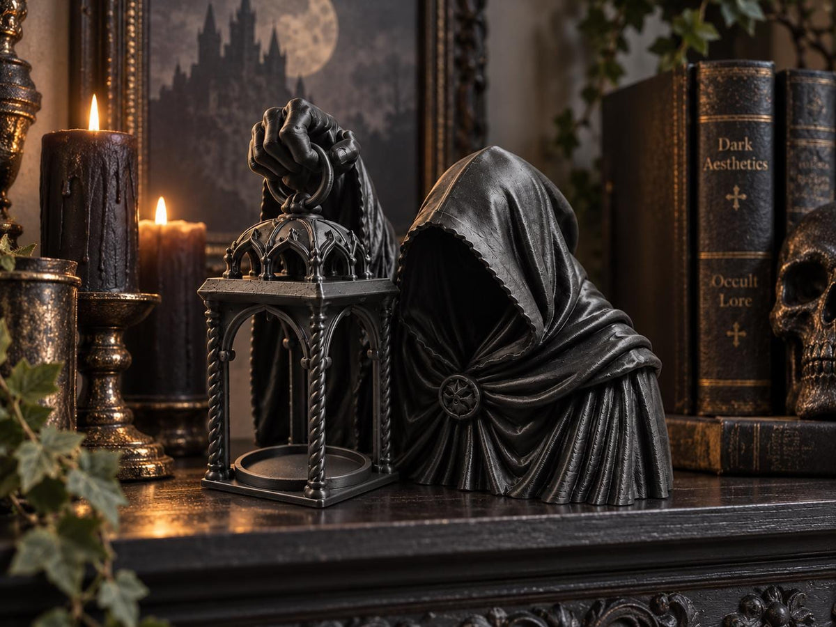 Gothic Hooded Reaper LED Tealight Holder, Black Lantern Halloween Decor — photo 2