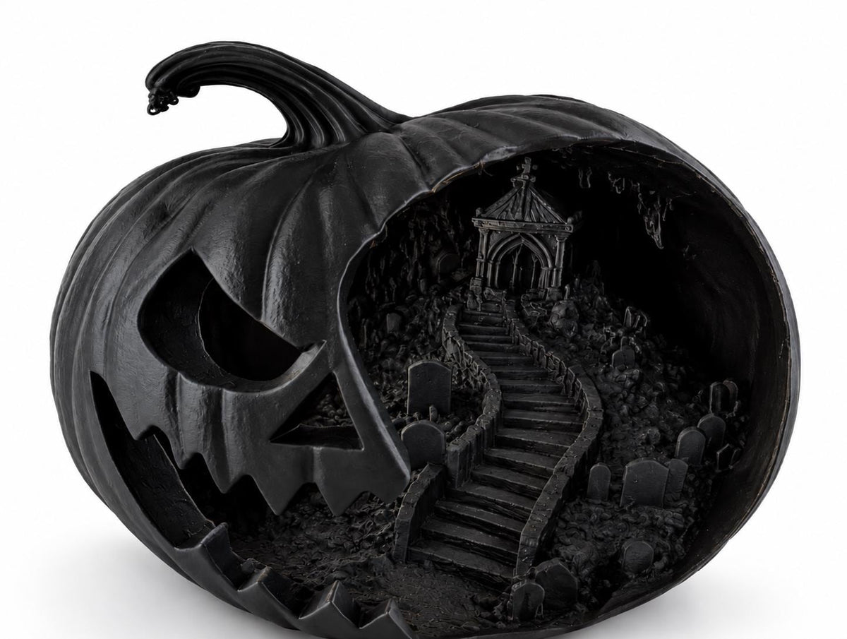 Haunted Pumpkin Lantern, Gothic Cemetery Scene, Spooky Halloween Decor (8 Inch) — photo 6