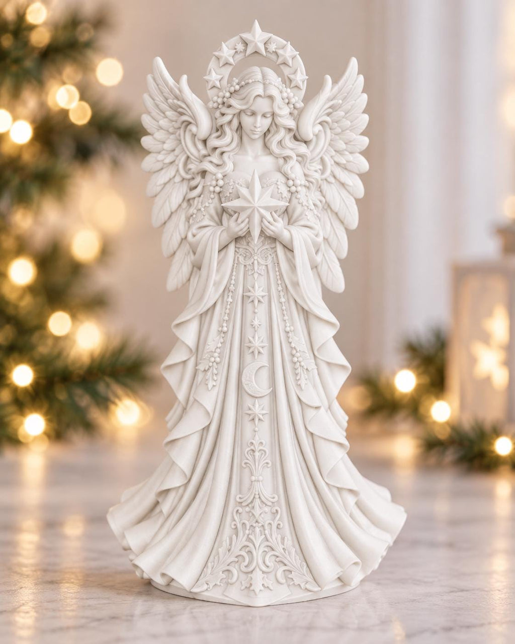 Christmas Angel Statue with Star – Holiday Shelf Figurine