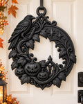 Gothic Raven Halloween Door Hanger, Black Pumpkin Crescent Moon Wreath