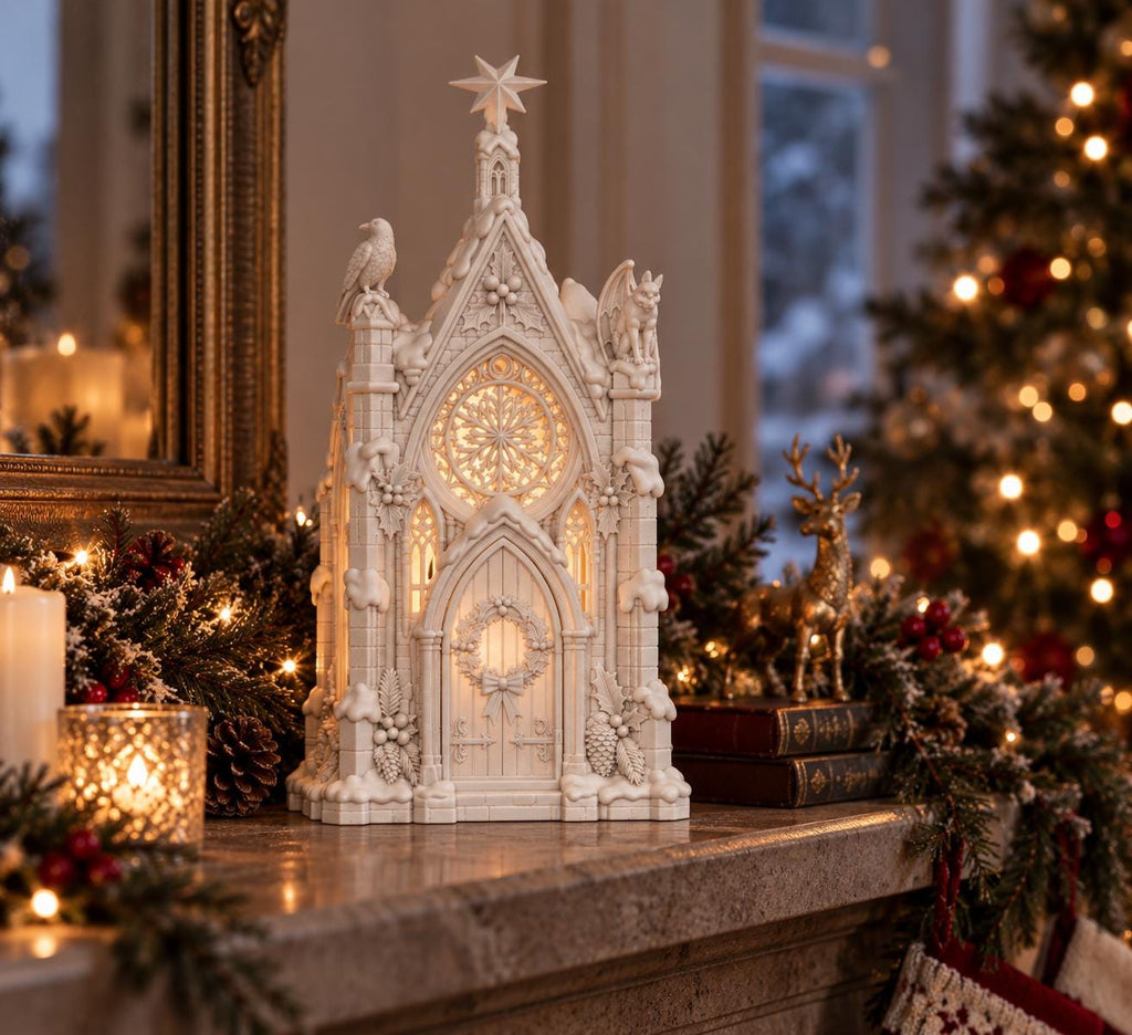 Gothic Christmas Church Lantern, Snowy Village Chapel, LED Tealight Holder — photo 2