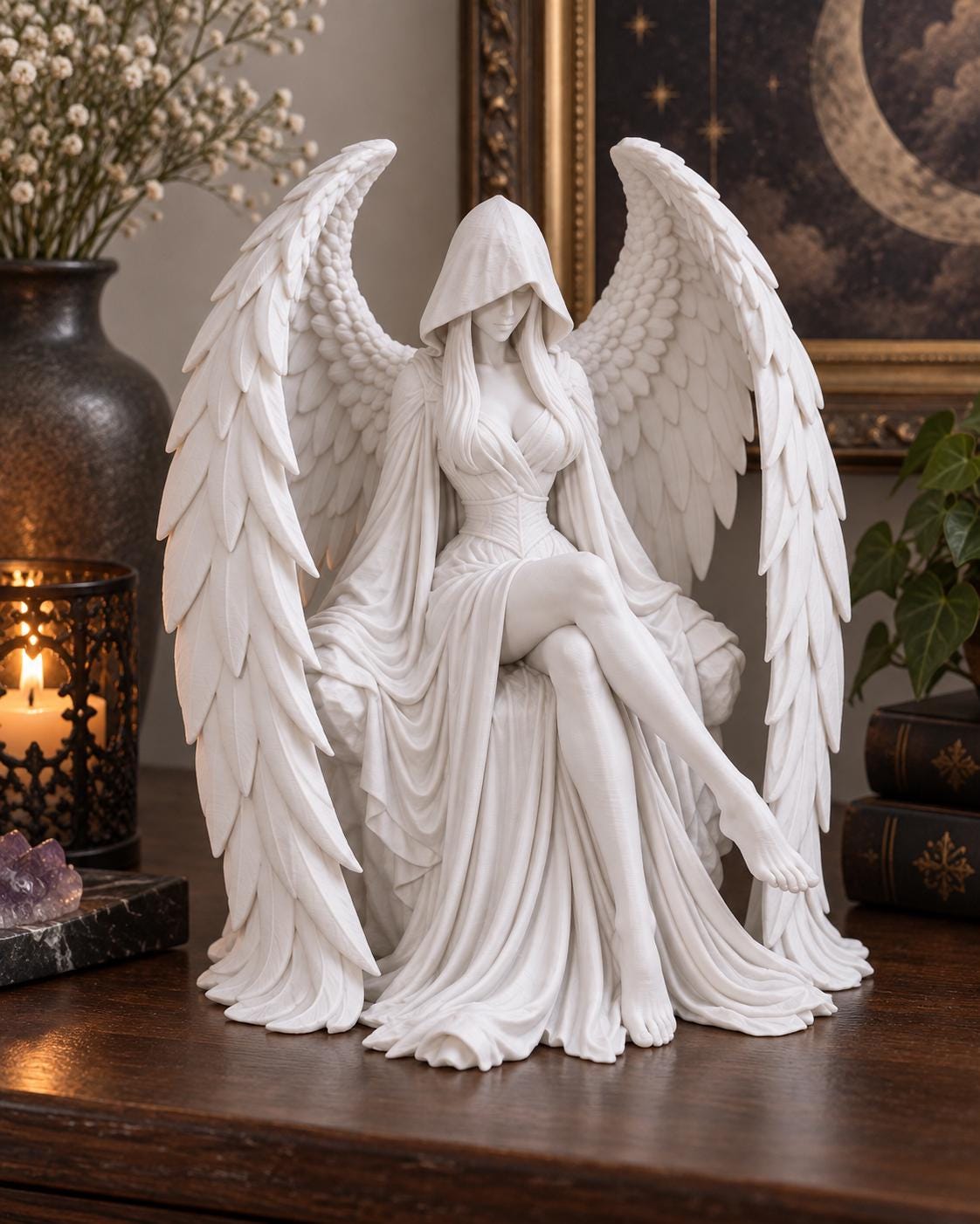 White Hooded Angel Statue, Gothic Winged Sculpture, Dark Academia Decor — photo 2