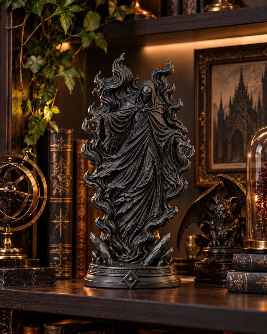 Black Hooded Wraith Statue, Gothic Dark Fantasy Sculpture, Horror Shelf Decor