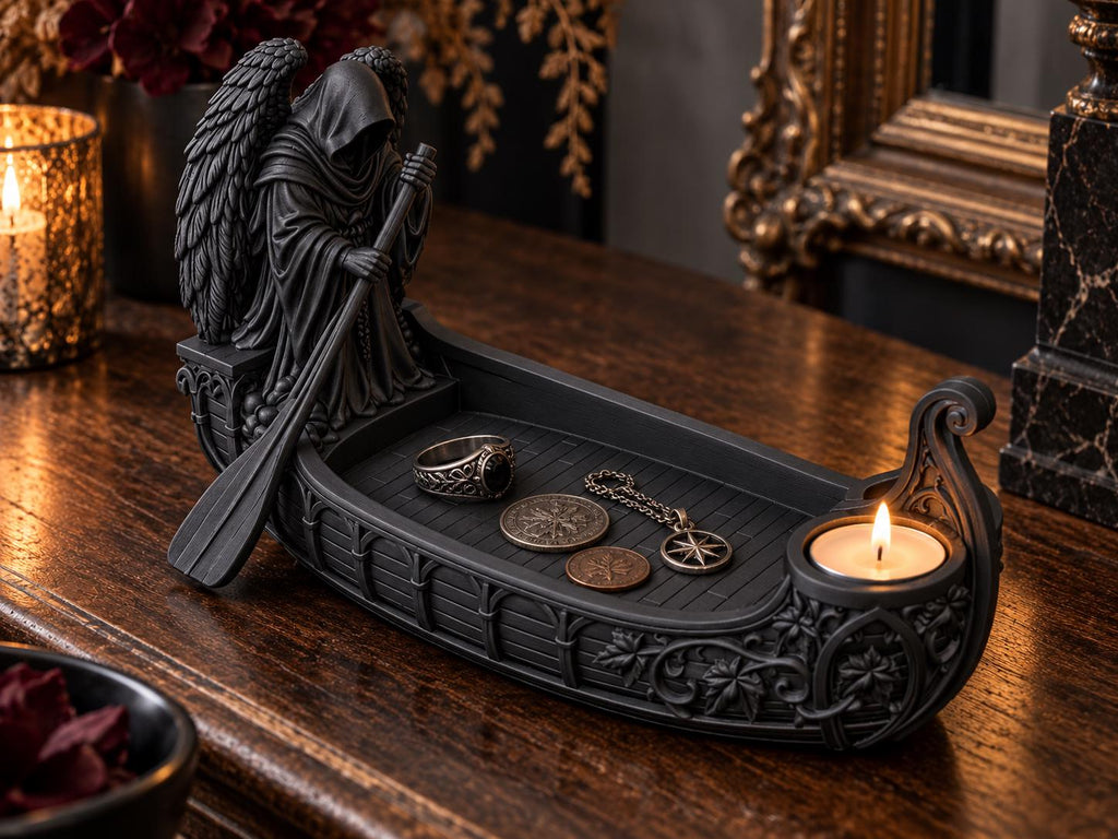 Black Gothic Reaper Catchall Tray with Tealight Holder, 10 Inch Entryway Organizer