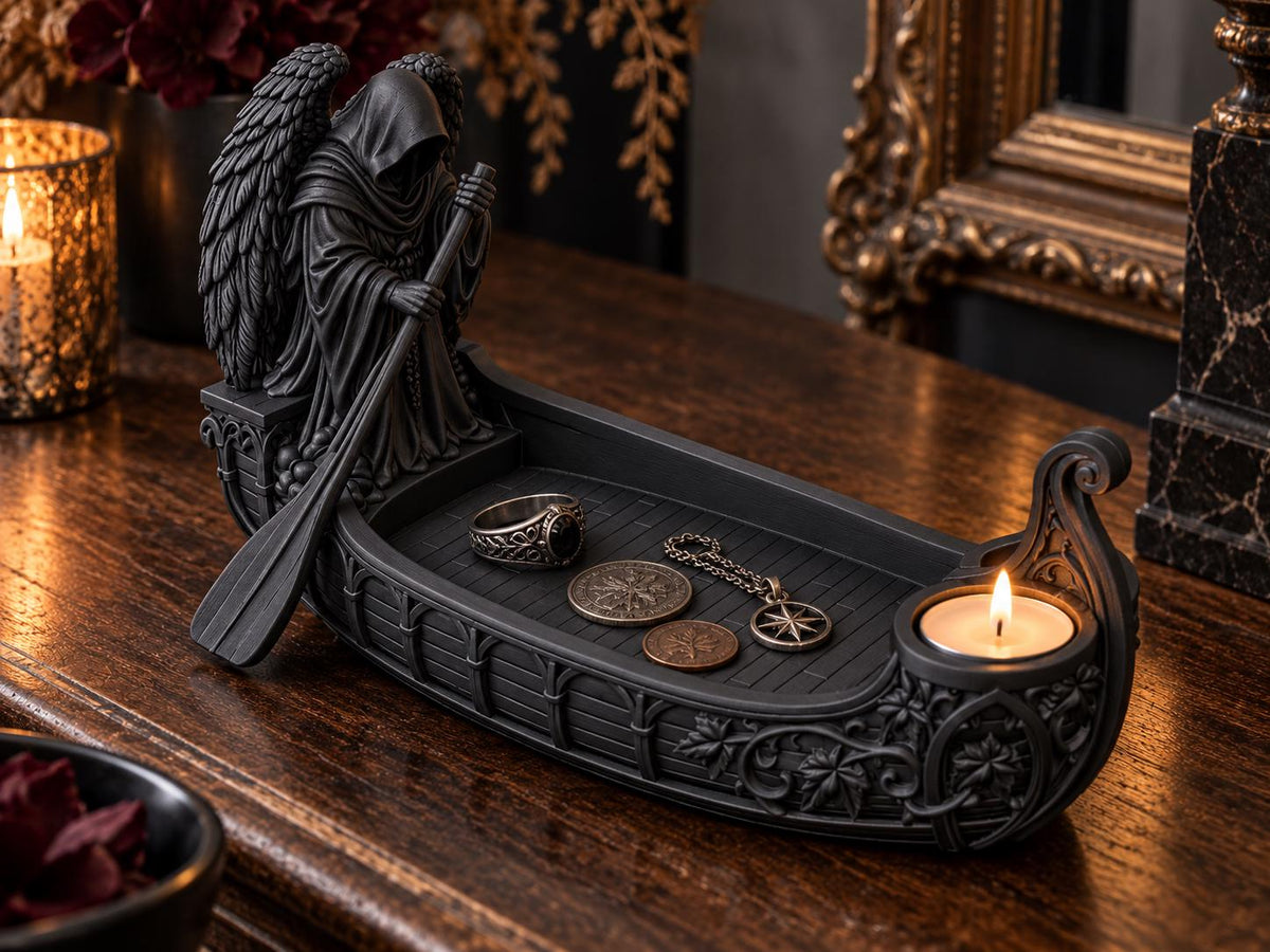 Black Gothic Reaper Catchall Tray with Tealight Holder, 10 Inch Entryway Organizer