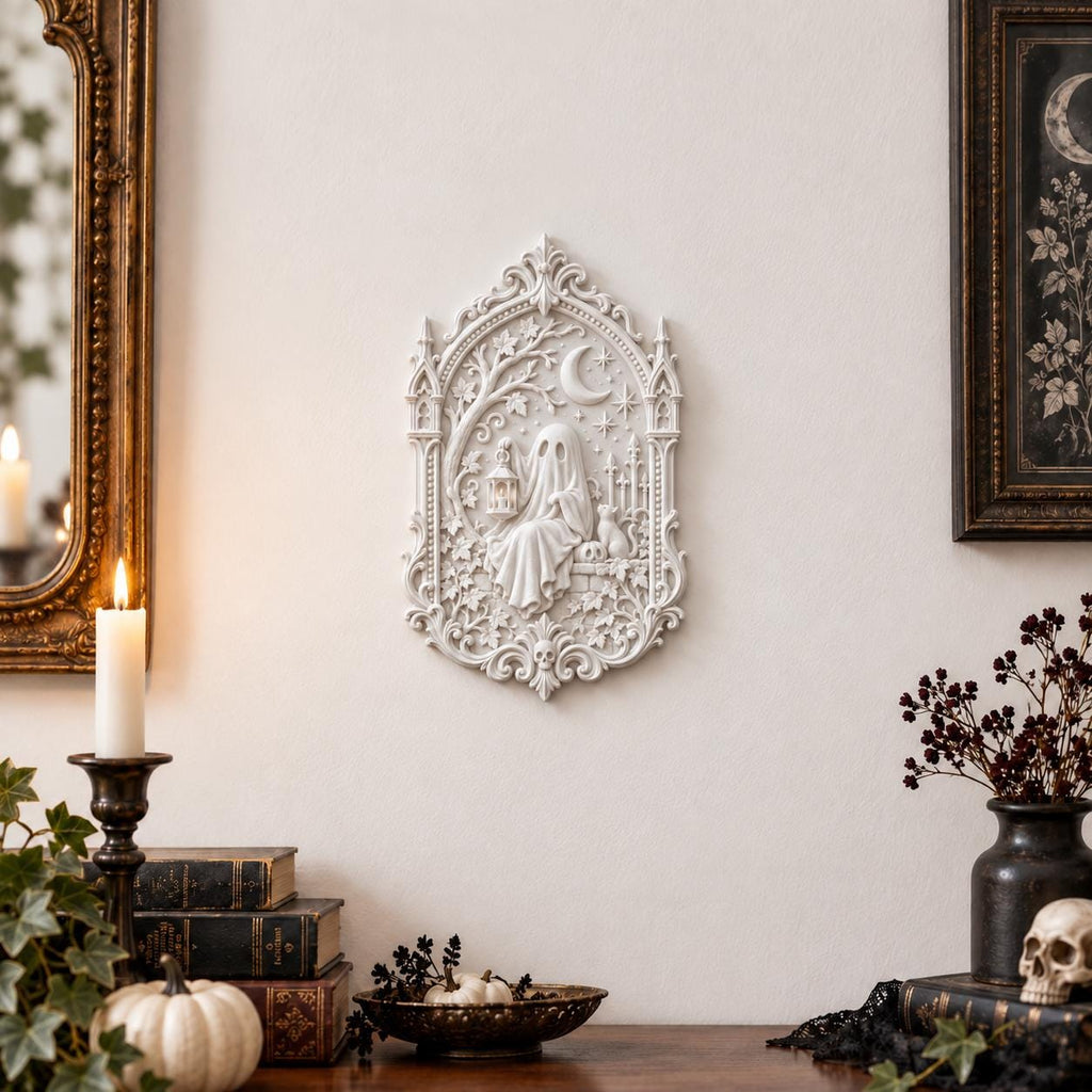 10 Inch White Gothic Ghost Wall Plaque, Victorian Halloween Decor, Spooky Moon Wall Art — photo 2