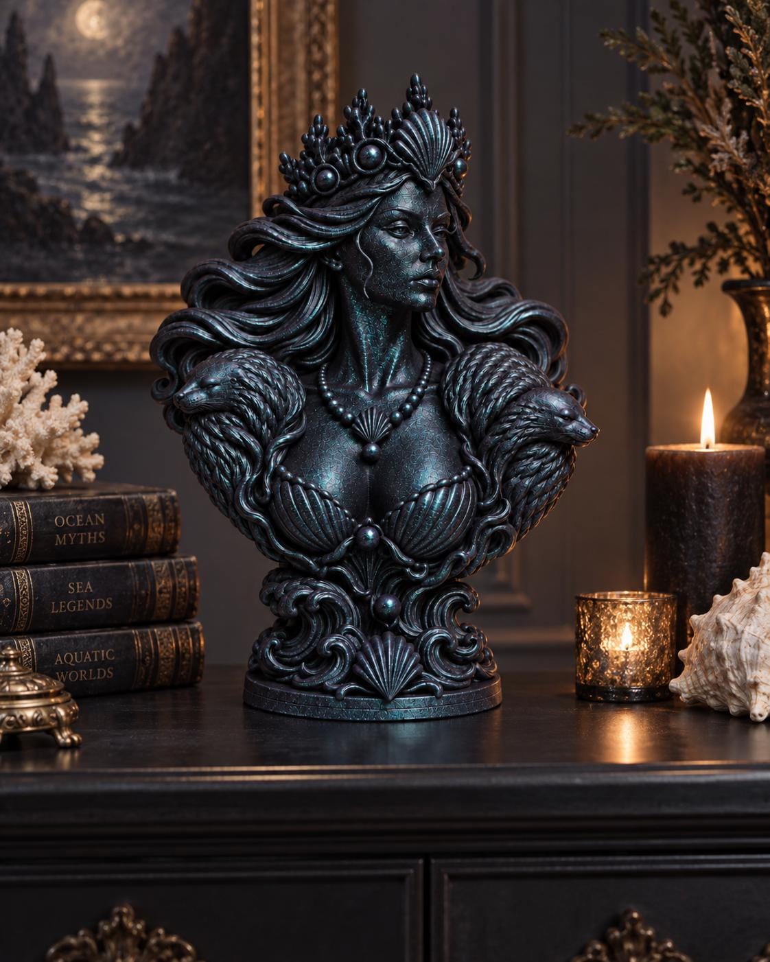 Selkie Queen Bust, Ocean Fantasy Statue, Coastal Gothic Decor