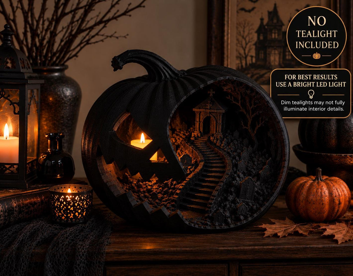 Haunted Pumpkin Lantern, Gothic Cemetery Scene, Spooky Halloween Decor (8 Inch)