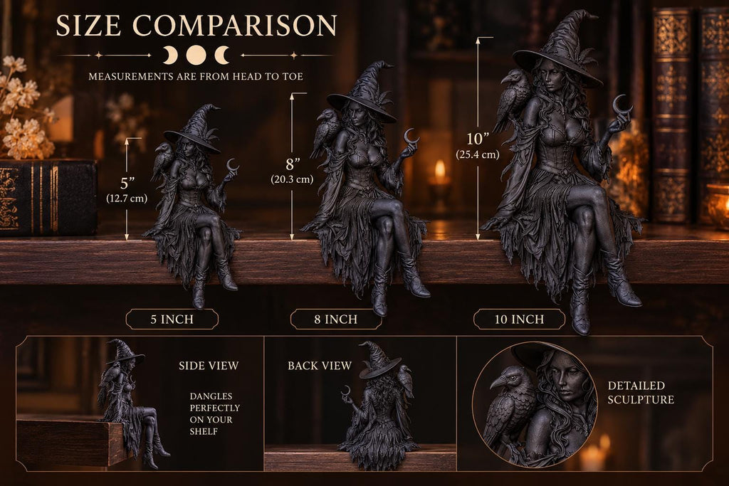 Witch Shelf Sitter Statue with Raven, Crescent Moon Gothic Decor — photo 6