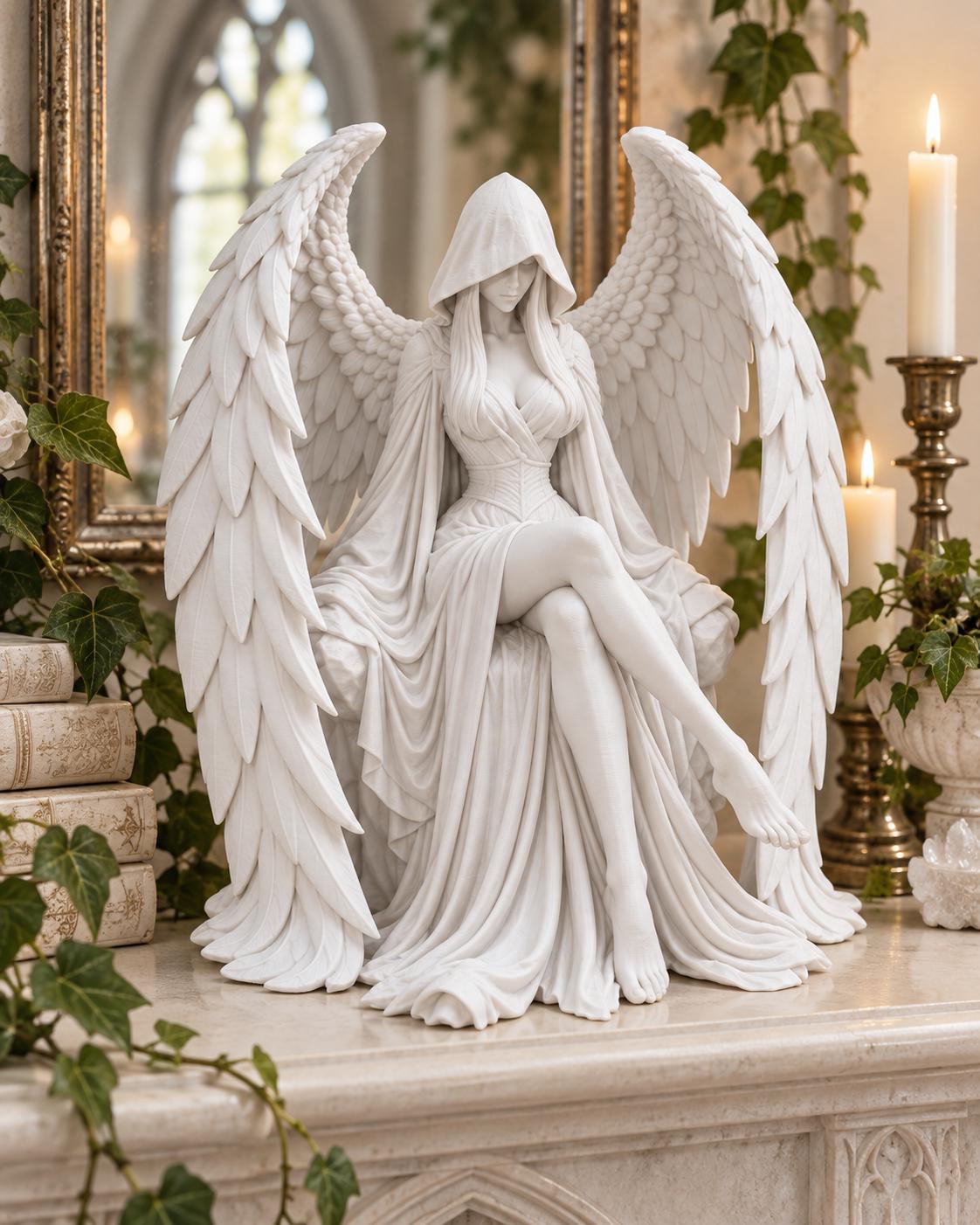 White Hooded Angel Statue, Gothic Winged Sculpture, Dark Academia Decor