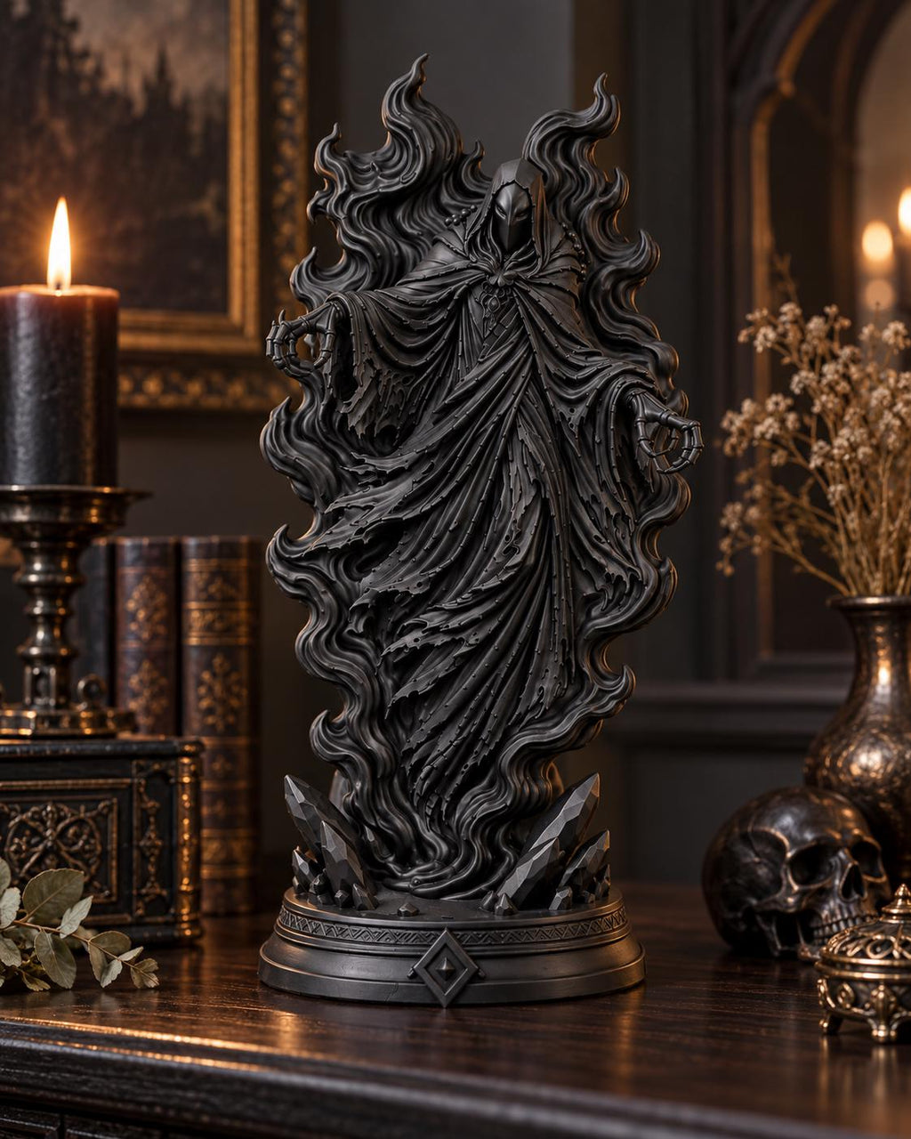 Black Hooded Wraith Statue, Gothic Dark Fantasy Sculpture, Horror Shelf Decor — photo 3
